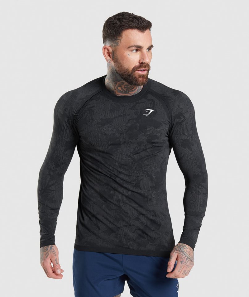 Men\'s Gymshark Geo Seamless Long Sleeve T-Shirts Black | NZ 2FGYAN